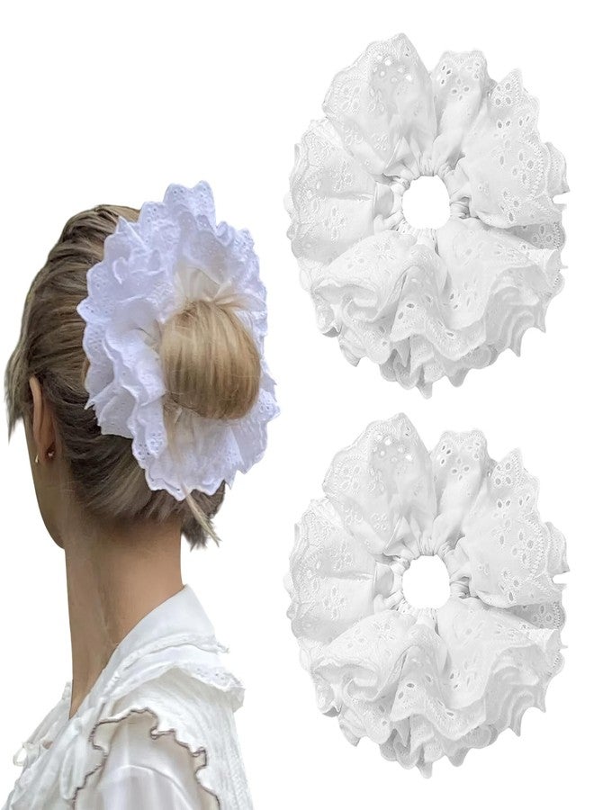 RED-SHYN 2 Pcs Large White Lace Scrunchies for Women, Lace Double Layer Fancy Satin Hair Scrunchie Elastic Hair Tie Ropes Thick Hair Bulk Scrunchies Accessories (White) - Image 1